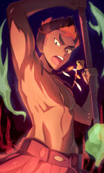 Rule 34 | 1boy, absurdres, armpits, black eyes, bright pupils, commentary request, creatures (company), dark-skinned male, dark skin, fire, game freak, green fire, highres, holding, holding stick, jewelry, kiawe (pokemon), looking down, male focus, natupath summer, necklace, night, nintendo, open mouth, outdoors, pectorals, pokemon, pokemon sm, red shorts, ribs, short hair, shorts, solo, stick, teeth, tongue, topless male, upper teeth only, white pupils