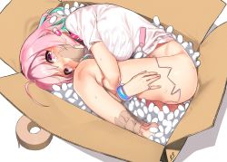 Rule 34 | 1girl, 92m, ahoge, bdsm, blue hair, bondage, bottomless, bound, box, bracelet, breasts, cardboard box, collar, crying, crying with eyes open, earrings, egg vibrator, fetal position, gag, idolmaster, idolmaster cinderella girls, improvised gag, in box, in container, jewelry, large breasts, looking at viewer, multicolored hair, packing peanuts, pill earrings, pill ring, pink eyes, pink hair, remote control vibrator, sex toy, shirt, short hair, short sleeves, slave, t-shirt, tape, tape gag, tears, two-tone hair, vibrator, vibrator cord, yumemi riamu