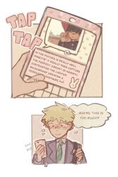 Rule 34 | 1boy, blazer, blonde hair, blush, cellphone, closed mouth, comic, commentary, english commentary, english text, gakuran, hanazawa teruki, holding, holding phone, jacket, kageyama shigeo, male focus, mob psycho 100, mp100days, necktie, phone, purple jacket, school uniform, short hair, simple background, smile, text messaging, thought bubble, typing, upper body, white background
