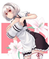 Rule 34 | 1girl, absurdres, adjusting clothes, anchor choker, apron, azur lane, black dress, blush, breasts, choker, closed mouth, cowboy shot, dress, floral background, frilled apron, frilled choker, frills, from below, hair between eyes, hair intakes, hairband, hand on own chest, hands up, highres, lace-trimmed hairband, lace trim, leaning forward, lips, nameko houshi, petticoat, pink background, puffy short sleeves, puffy sleeves, red eyes, ribbon-trimmed legwear, ribbon trim, short sleeves, sirius (azur lane), solo, standing, thighhighs, thighs, two-tone background, two-tone dress, waist apron, white apron, white background, white dress, white hair, white thighhighs