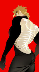 Rule 34 | 1boy, ass, back, backless outfit, black dress, blonde hair, crossdressing, dio brando, dress, earrings, from behind, highres, hoop earrings, huang lia, jewelry, jojo no kimyou na bouken, long dress, long hair, looking at viewer, looking back, male focus, muscular, muscular male, pectorals, photo-referenced, red background, simple background, solo, stardust crusaders, yellow eyes