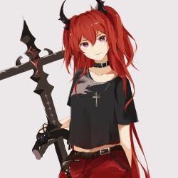 Rule 34 | 1girl, arknights, belt, black belt, black choker, black shirt, chain, chain necklace, choker, commentary, dianqiwei wubaqi, grey background, hair between eyes, head tilt, highres, horns, jewelry, long hair, looking at viewer, navel, necklace, official alternate costume, purple eyes, red hair, red skirt, shirt, short sleeves, simple background, skirt, smile, solo, surtr (arknights), surtr (liberte echec) (arknights), two side up, upper body, very long hair
