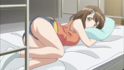 Rule 34 | 10s, 1girl, animated, animated gif, ass, bed, breasts, brown hair, green eyes, hair ornament, kandagawa jet girls, large breasts, looking at viewer, lying, namiki rin, on side, panties, panty peek, short hair, solo, underwear