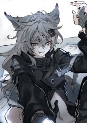 Rule 34 | 1boy, 1girl, 1other, animal ears, arknights, black gloves, black jacket, black nails, blood, bottomless, breasts, doctor (arknights), fingerless gloves, gloves, grey hair, grin, hair ornament, hairclip, highres, holding own arm, implied sex, jacket, lappland (arknights), looking at viewer, nail polish, navel, scar, scar across eye, scar on face, smile, towtow redoland, white gloves