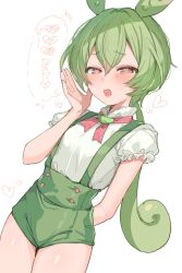Rule 34 | 1girl, blush, green hair, green shorts, heart, heart-shaped pupils, heart in mouth, highres, looking at viewer, low ponytail, naughty face, open mouth, paragasu (parags112), pea pod, short shorts, shorts, sketch, smile, solo, suspender shorts, suspenders, symbol-shaped pupils, voicevox, zundamon
