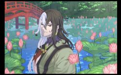 Rule 34 | 1boy, ashiya douman (fate), asymmetrical clothes, asymmetrical hair, bell, black eyes, black hair, bridge, curly hair, earrings, fate/grand order, fate (series), fingernails, flower, flower request, green eyeshadow, green kimono, green lips, green nails, hair bell, hair between eyes, hair intakes, hair ornament, highres, japanese clothes, jewelry, kimono, light smile, lipstick, long hair, magatama, magatama earrings, maio (pixiv30934575), makeup, male focus, multicolored hair, nail polish, open clothes, open kimono, pink flower, ribbed sleeves, sharp fingernails, solo, sparkle, toned, toned male, two-tone hair, upper body, very long fingernails, very long hair, water, wet, wet hair, white hair