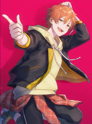 Rule 34 | 1boy, denim, earrings, hood, hooded jacket, hoodie, jacket, jeans, jewelry, looking at viewer, multicolored hair, offtoon12, open mouth, orange hair, pants, project sekai, red background, shinonome akito, shirt, short hair, smile, solo
