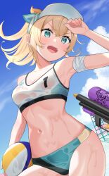 Rule 34 | 1girl, absurdres, angry, balloon, bare shoulders, blonde hair, blue eyes, breasts, cleavage, gun, handgun, highres, hololive, kazama iroha, medium breasts, open mouth, outdoors, pistol, sable mint, solo, virtual youtuber, weapon, wet