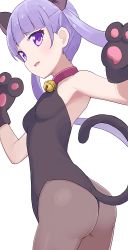 Rule 34 | 1girl, animal ears, animal hands, ass, bell, black gloves, black leotard, blush, breasts, brown pantyhose, cat ears, cat tail, choker, commentary, gloves, highres, hiroki (yyqw7151), jingle bell, kittysuit, leotard, long hair, new game!, nontraditional playboy bunny, pantyhose, paw gloves, purple eyes, purple hair, red choker, simple background, small breasts, solo, suzukaze aoba, tail, twintails, white background