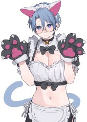 Rule 34 | 1girl, animal ears, animal hands, aochoku, apron, bell, black bow, black bowtie, blue eyes, blue hair, bow, bowtie, breasts, cat ears, cat paws, cleavage, closed mouth, collar, detached collar, glasses, gloves, hands up, highres, large breasts, maid headdress, midriff, neck bell, original, parted bangs, paw gloves, puffy short sleeves, puffy sleeves, round eyewear, short hair, short sleeves, solo, sweatdrop, upper body, waist apron, wavy mouth