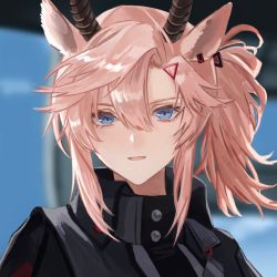 1girl, animal ears, arknights, bangs, black jacket, blonde hair, blue eyes, commentary request, earthspirit (arknights), goat ears, goat girl, goat horns, hair between eyes, hasegawamorito, high collar, highres, horns, jacket, looking at viewer, parted lips, solo