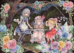 Rule 34 | 3girls, apron, artist name, ascot, bat wings, blonde hair, blue dress, blue rose, braid, chain, chair, checkerboard cookie, cookie, crystal, cup, dated, dress, drinking, closed eyes, flandre scarlet, flower, food, garden, grey eyes, hat, hat ribbon, izayoi sakuya, maid, maid apron, maid headdress, mob cap, mosho, multiple girls, pink dress, puffy short sleeves, puffy sleeves, red dress, red rose, remilia scarlet, ribbon, rose, short sleeves, siblings, side ponytail, silver hair, sisters, sitting, table, teacup, touhou, traditional media, tray, tree, twin braids, waist apron, wings, yellow rose