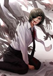 Rule 34 | 1girl, absurdres, black hair, black necktie, black pants, blood, breasts, chainsaw man, collared shirt, eyepatch, formal, green eyes, highres, himeno (chainsaw man), jacket, medium breasts, multiple hands, necktie, open mouth, pants, rqtmyd, shirt, short hair, solo focus, suit, white shirt