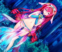 Rule 34 | 1girl, blush, braid, breasts, embarrassed, forest, game cg, grass, highres, legs, long hair, lots of jewelry, mayoeru futari to sekai no subete love heaven 300 percent, mizunomiya nana, nature, navel, open mouth, purple eyes, pussy, red hair, small breasts, solo, standing, tears, thighs, tree, youta