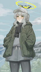 Rule 34 | 1girl, absurdres, ai-bon, black pantyhose, black scarf, blue archive, blush, cowboy shot, day, green eyes, green jacket, grey hair, grey shorts, halo, hare (blue archive), hare (camp) (blue archive), hat, highres, jacket, long hair, long sleeves, official alternate costume, open clothes, open jacket, open mouth, outdoors, pantyhose, ponytail, scarf, shorts, solo, white hat