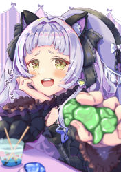 Rule 34 | 1girl, absurdres, animal ears, blunt bangs, blush, bow, breasts, drink, feeding, food, gothic lolita, hair ornament, hairband, hat, head rest, highres, hololive, lolita fashion, long hair, long sleeves, looking at viewer, mihaeru, murasaki shion, murasaki shion (gothic lolita), open mouth, shirt, silver hair, slime (substance), smile, striped, twintails, upper body, virtual youtuber, witch hat, yellow eyes