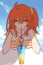 Rule 34 | 1girl, ahoge, bead bracelet, beads, blue sky, bracelet, commentary request, cup, double-parted bangs, drinking straw, drinking straw in mouth, elbows on table, fate/grand order, fate (series), food, fruit, fujimaru ritsuka (female), fujimaru ritsuka (female) (brilliant summer), hair between eyes, hair ornament, hair scrunchie, head on hand, ice, jewelry, lemon, lemon slice, looking at viewer, medium hair, multiple bracelets, nail polish, orange hair, scrunchie, side ponytail, sky, solo, swimsuit, table, wristband, yukihara sbgd