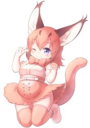 Rule 34 | 10s, 1girl, animal ear fluff, animal ears, ankle boots, bare shoulders, belt, blue eyes, blush, boots, bow, bowtie, breast pocket, caracal (kemono friends), clothes lift, commentary request, elbow gloves, gloves, kemono friends, knees together feet apart, large ears, matsuu (akiomoi), medium hair, one eye closed, orange bow, orange bowtie, orange hair, orange thighhighs, paw mose, pocket, shirt, simple background, skirt, skirt lift, sleeveless, sleeveless shirt, smile, solo, tail, tareme, thighhighs, traditional bowtie, white background, white footwear, white shirt, zettai ryouiki