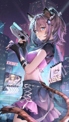 Rule 34 | 1girl, animal ears, black gloves, blue eyes, blue skirt, breasts, brown hair, building, cat ears, cat tail, character name, city, city lights, closed mouth, cowboy shot, crop top, fingerless gloves, from side, gloves, grey ribbon, gui mi, gun, hair ornament, handgun, hands up, highres, holding, holding gun, holding weapon, jewelry, looking at viewer, looking to the side, medium breasts, medium hair, midriff, miniskirt, necklace, night, night sky, official art, pink shirt, ponytail, queenie (vtuber), ribbon, screen, shirt, short sleeves, sixiwanzi, skirt, sky, smile, solo, spotlight, star (sky), star (symbol), star hair ornament, starry sky, tail, virtual youtuber, weapon, white ribbon