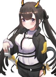 Rule 34 | 1girl, absurdres, arknights, arknights: endfield, black hair, black jacket, blush, breasts, character request, chen qianyu (arknights), chewycandy, commentary request, highres, horns, jacket, large breasts, long hair, long sleeves, looking at viewer, prototype design, purple eyes, shirt, simple background, solo, twintails, upper body, white background, white shirt
