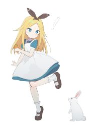 Rule 34 | !, 1girl, :o, alice (alice in wonderland), alice (moyori), alice in wonderland, black footwear, blonde hair, blue dress, blue eyes, borrowed character, bright pupils, carrot, dress, forehead, frilled socks, frills, from side, hairband, healthyman, highres, long hair, mary janes, parted bangs, puffy short sleeves, puffy sleeves, rabbit, shoes, short sleeves, socks, solo, standing, standing on one leg, white dress, white pupils, white socks