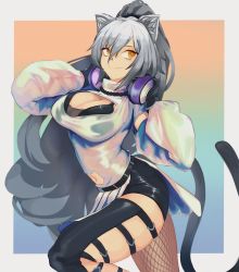 Rule 34 | 1girl, absurdres, animal ears, arknights, bad id, bad pixiv id, black bra, black gloves, black shorts, blue background, border, bra, breasts, cat ears, cat tail, cleavage, clothing cutout, commentary, cowboy shot, fishnet legwear, fishnets, gloves, green background, grey border, hair between eyes, headphones, headphones around neck, highres, kkun88, large breasts, long hair, long sleeves, looking to the side, multicolored background, navel, navel cutout, orange background, schwarz (arknights), shirt, short shorts, shorts, silver hair, smile, solo, standing, tail, thighs, underwear, very long hair, white shirt, yellow eyes
