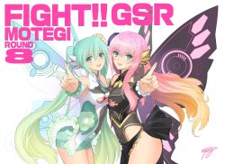 Rule 34 | 2girls, aqua eyes, bare shoulders, breasts, cleavage, commentary, covered navel, detached sleeves, dress, frills, goodsmile racing, gradient hair, green hair, hatsune miku, highres, index finger raised, leotard, logo, long hair, looking at viewer, medium breasts, megurine luka, multicolored hair, multiple girls, necktie, open mouth, pink hair, racing miku, short dress, signature, simple background, sleeveless, smile, tony taka, turtleneck, twintails, vocaloid, white background, wings