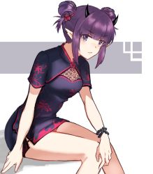 Rule 34 | 1girl, alternate costume, arknights, bead bracelet, beads, black dress, bracelet, china dress, chinese clothes, chinese commentary, demon horns, double bun, dress, feet out of frame, hair bun, highres, horns, jewelry, lava (arknights), looking at viewer, mabing, purple eyes, purple hair, shadow, short hair with long locks, sitting, solo