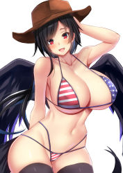 Rule 34 | 1girl, american flag bikini, american flag print, bikini, black hair, black thighhighs, breasts, brown hat, cleavage, covered erect nipples, cowboy hat, cowboy shot, ebi 193, flag print, hat, head tilt, huge breasts, kurokoma saki, looking at viewer, multi-strapped bikini, print bikini, print swimsuit, red eyes, simple background, solo, stomach, swimsuit, tail, thighhighs, touhou, white background, wings