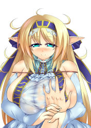 Rule 34 | 1girl, blonde hair, blue eyes, blush, grabbing another&#039;s breast, breasts, bridal gauntlets, cleavage, deep skin, dress, elf, grabbing, guided breast grab, guiding hand, hairband, highres, huge breasts, long hair, original, pointy ears, rei shabu, see-through, simple background, skindentation, smile, solo, solo focus, taut clothes, taut dress, white background