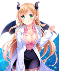Rule 34 | 1girl, bat tattoo, blush, breast tattoo, breasts, cleavage, collarbone, commentary request, demon wings, green eyes, hololive, horns, lab coat, large breasts, long hair, looking at viewer, pencil skirt, pointy ears, shizuki aya, simple background, skirt, smile, solo, tattoo, virtual youtuber, wings, yuzuki choco, yuzuki choco (1st costume)