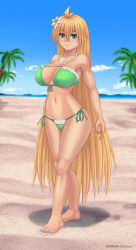Rule 34 | 1girl, absurdres, artist name, beach, bikini, blonde hair, blue eyes, breasts, cleavage, curvy, feet, green bikini, highres, jewelry, large breasts, legs, lily (rocky-ace), lips, long hair, looking at viewer, navel, necklace, ocean, original, pearl necklace, pointy ears, rocky-ace, smile, solo, swimsuit, thighs, water