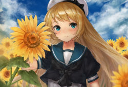Rule 34 | 1girl, blonde hair, blue eyes, blue sailor collar, blue sky, cloud, day, dress, flower, hat, jervis (kancolle), kantai collection, long hair, looking at viewer, outdoors, sailor collar, sailor dress, sailor hat, short sleeves, sky, smile, solo, sunflower, toka (marchlizard), upper body, white dress, white hat