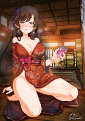 Rule 34 | 1girl, alcohol, barefoot, black hair, blush, breasts, champagne, cleavage, collarbone, flower, girls und panzer, glass, hair flower, hair ornament, highres, indoors, isuzu hana, japanese clothes, kimono, large breasts, long hair, looking at viewer, megadeko, no panties, on floor, open mouth, seiza, shiny skin, sitting, smile, solo, tatami, wooden floor