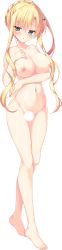Rule 34 | 1girl, :o, absurdres, aqua eyes, barefoot, blonde hair, blush, breast suppress, breasts, censored, collarbone, completely nude, full body, highres, large breasts, long hair, long image, navel, nipples, non-web source, nude, official art, shougun-sama wa otoshigoro, shouna mitsuishi, sidelocks, smile, solo, tall image, tokugawa muneharu, transparent background