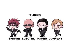 Rule 34 | 1girl, 3boys, bald, belt, belt buckle, black footwear, black gloves, black hair, black necktie, black shirt, black suit, blonde hair, brown eyes, buckle, chibi, clenched hands, collared shirt, earrings, elena (ff7), expressionless, facial hair, facial mark, final fantasy, final fantasy vii, fingerless gloves, forehead mark, formal, gloves, goggles, goggles on head, green eyes, hand up, highres, holding, holding weapon, hoop earrings, jewelry, leg up, long hair, messy hair, multiple boys, necktie, one eye closed, open mouth, pants, pointing, ponytail, red hair, reno (ff7), rude (ff7), salute, shirt, short hair, smile, stud earrings, suit, sunglasses, tseng, ttnoooo, two-finger salute, weapon, white background, white shirt
