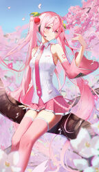 Rule 34 | 1girl, absurdres, alternate color, breasts, chamaru5963, cherry blossoms, cherry hair ornament, collared shirt, commentary, commentary request, detached sleeves, feet out of frame, food-themed hair ornament, hair ornament, hatsune miku, headpiece, highres, looking at viewer, miniskirt, necktie, official alternate costume, official alternate hair color, pink hair, pink necktie, pink skirt, pink sleeves, pink thighhighs, pleated skirt, sakura miku, shirt, sitting, sitting on branch, skirt, sleeveless, sleeveless shirt, small breasts, smile, solo, symbol-only commentary, thighhighs, twintails, vocaloid, white shirt, zettai ryouiki