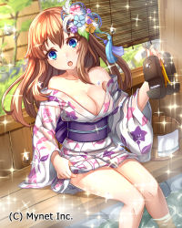 Rule 34 | 1girl, :d, breasts, brown hair, cleavage, collarbone, day, falkyrie no monshou, feather hair ornament, feathers, floating hair, floral print, hair ornament, head tilt, highres, japanese clothes, kimono, long hair, looking at viewer, medium breasts, obi, off shoulder, open mouth, outdoors, pensuke, print kimono, purple eyes, sash, short kimono, sitting, smile, solo, sparkle, wading, white feathers, white kimono