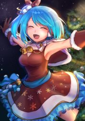 Rule 34 | 1girl, absurdres, android, armpits, breasts, christmas, christmas tree, closed eyes, gloves, highres, long hair, medium breasts, mega man x (series), mega man x dive, official alternate costume, open mouth, rico (mega man), smile, solo, terotero00