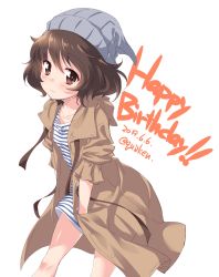 Rule 34 | 1girl, :3, absurdres, akiyama yukari, beanie, black ribbon, blue dress, blush, brown coat, brown eyes, brown hair, casual, closed mouth, coat, commentary, cowboy shot, dated, dress, english text, girls und panzer, grey hat, hands in pockets, happy birthday, hat, highres, kuzuryuu kennosuke, leaning forward, light blush, looking at viewer, messy hair, ribbon, short dress, short hair, short sleeves, simple background, smile, solo, standing, striped clothes, striped dress, twitter username, white background