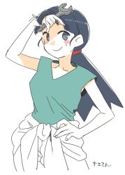 Rule 34 | 1girl, armpit peek, black eyes, black hair, blush, blush stickers, character request, collarbone, commentary request, copyright request, female focus, looking at viewer, partially colored, sleeveless, solo, sweat, text focus, translation request, white background, wrench, yukataro