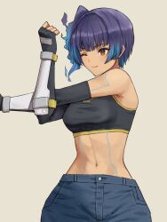 Rule 34 | 1girl, black sports bra, blue hair, blunt bangs, breasts, brown eyes, closed mouth, commentary request, crop top, denim, denim shorts, fiery hair, fingerless gloves, gloves, glowing lines, highres, navel, one eye closed, revision, sena (xenoblade), short hair, shorts, shoulder strap, side ponytail, small breasts, smile, solo, sports bra, stretching, xenoblade chronicles (series), xenoblade chronicles 3, yamamori kinako
