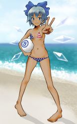 Rule 34 | 1girl, american flag bikini, bad id, bad pixiv id, ball, bare arms, bare legs, beach, bikini, blue bow, blue eyes, blue hair, blush, bow, breasts, carrying, carrying under arm, circled 9, cirno, closed mouth, cloud, cloudy sky, collarbone, day, detached wings, diamond (shape), facing viewer, fairy, feet, fingernails, flag print, full body, gluteal fold, groin, hair between eyes, hair bow, hand on own hip, hidden star in four seasons, highres, holding, holding ball, ice, ice wings, kaztah, legs, legs apart, long legs, looking at viewer, lowleg, lowleg bikini, micro bikini, navel, outdoors, petite, pigeon-toed, ribs, sand, shadow, short hair, sidelocks, sky, small breasts, smile, solo, standing, star (symbol), star print, striped bikini, striped clothes, swimsuit, tan, toes, touhou, tsurime, v, volleyball (object), water, wings