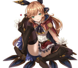 Rule 34 | 10s, 1girl, black footwear, black thighhighs, boots, brown gloves, brown hair, cape, clarisse (granblue fantasy), closed mouth, cross-laced footwear, crotch seam, eredhen, full body, gloves, granblue fantasy, green eyes, hair ornament, hair ribbon, hand on own knee, high heel boots, high heels, knee boots, long hair, looking at viewer, miniskirt, panties, pantyshot, ponytail, red cape, red skirt, ribbon, simple background, sitting, skirt, smile, solo, spread legs, thighhighs, underwear, upskirt, white background, white panties