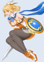 Rule 34 | 1girl, bare shoulders, belt, belt buckle, blonde hair, blue eyes, blue scarf, breasts, brown pantyhose, buckle, cassandra alexandra, cleavage, cleavage cutout, clothing cutout, commentary request, detached collar, dress, eyelashes, from side, full body, grey background, hair ribbon, high heels, highres, holding, holding sword, holding weapon, large breasts, looking at viewer, multicolored clothes, multicolored dress, namco, pantyhose, parted bangs, parted lips, ponytail, ribbon, scarf, shield, shigenobu, short sword, sideboob, simple background, smile, solo, soul calibur, soulcalibur, soulcalibur vi, sword, weapon
