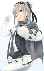 Rule 34 | 1girl, absurdres, anchor symbol, bad id, bad pixiv id, black headband, black sailor collar, bodysuit, cape, clothes writing, cowboy shot, grey cape, hachimaki, headband, highres, huge filesize, kantai collection, kumanoko, long hair, looking at viewer, one side up, sailor collar, silver hair, simple background, skirt, solo, suzutsuki (kancolle), thighs, white background, white bodysuit, white headband, white neckwear, white skirt