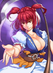 Rule 34 | 1girl, azusa (hws), belt, breasts, cleavage, collarbone, female focus, huge breasts, japanese clothes, large breasts, lips, onozuka komachi, purple background, red eyes, red hair, scythe, short hair, solo, touhou, twintails, two side up