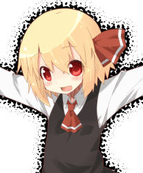 Rule 34 | 1girl, black dress, blonde hair, blush, dress, long sleeves, looking at viewer, miiyon, neckerchief, open mouth, red eyes, red neckerchief, rumia, short hair, smile, solo, touhou
