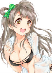 Rule 34 | 10s, 1girl, :d, bent over, bikini, bikini under clothes, black bikini, breasts, brown hair, cleavage, collarbone, dot nose, green ribbon, hair ribbon, kanzume shima, large breasts, leaning forward, long hair, looking at viewer, love live!, love live! school idol project, minami kotori, open clothes, open mouth, open shirt, ribbon, see-through, shirt, side-tie bikini bottom, side ponytail, simple background, smile, solo, swimsuit, swimsuit under clothes, tareme, white background, yellow eyes