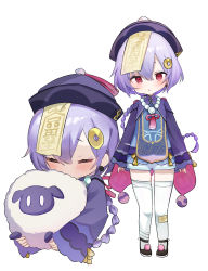Rule 34 | 1girl, bead necklace, beads, blush, braid, genshin impact, hair between eyes, hair ornament, hat, highres, jewelry, jiangshi, long hair, long sleeves, looking at viewer, multiple girls, multiple views, necklace, neku01n, ofuda, open mouth, purple eyes, purple hair, qingdai guanmao, qiqi (genshin impact), simple background, thighhighs, upper body, white background, white thighhighs